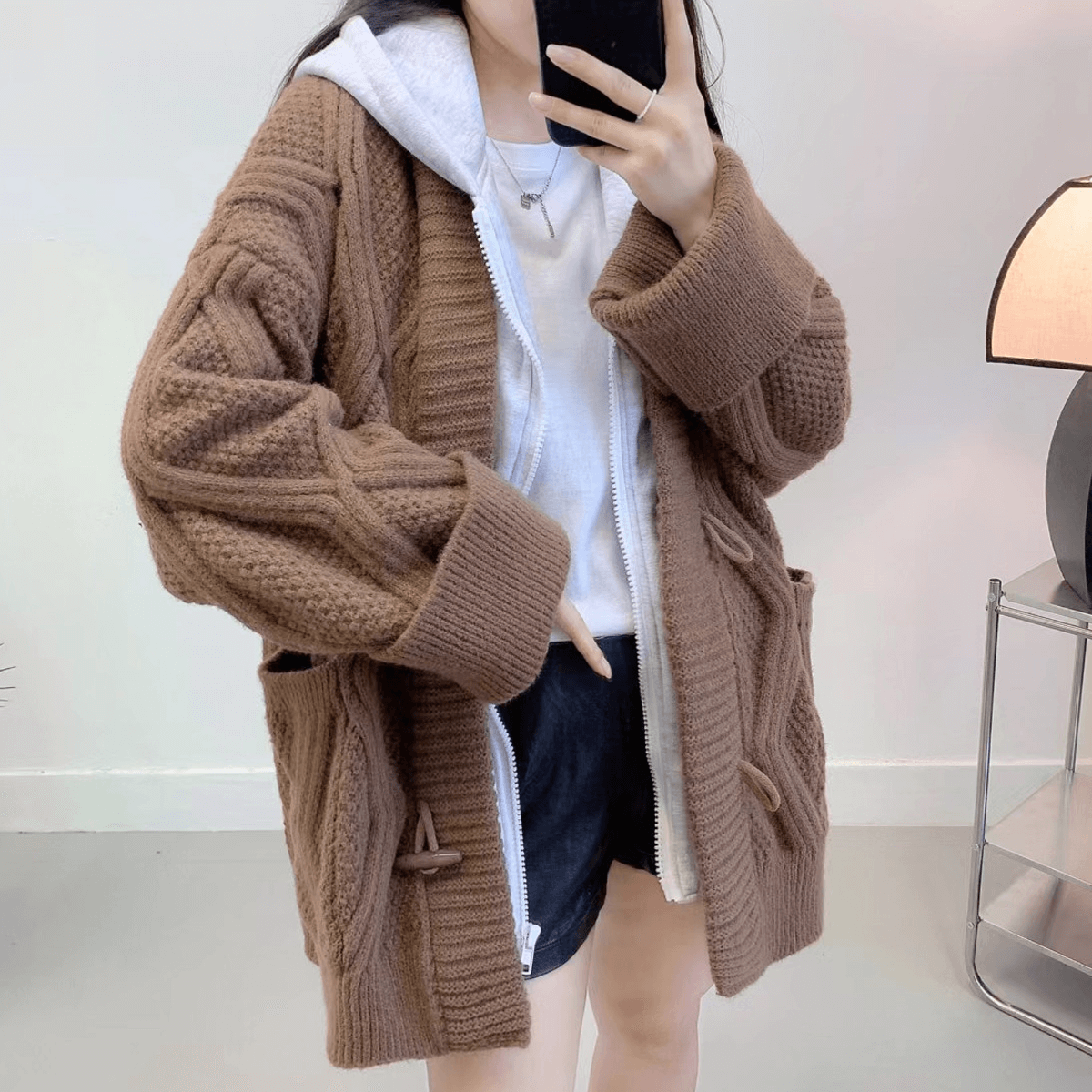 Hooded Fake Two Piece Zip Geometric Sweater GiftBB.com