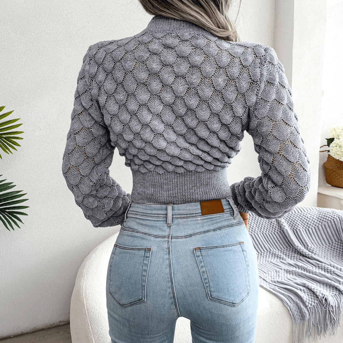 Mermaid Scale Long Sleeve Crop Knit Pullover Sweater GiftBB.com