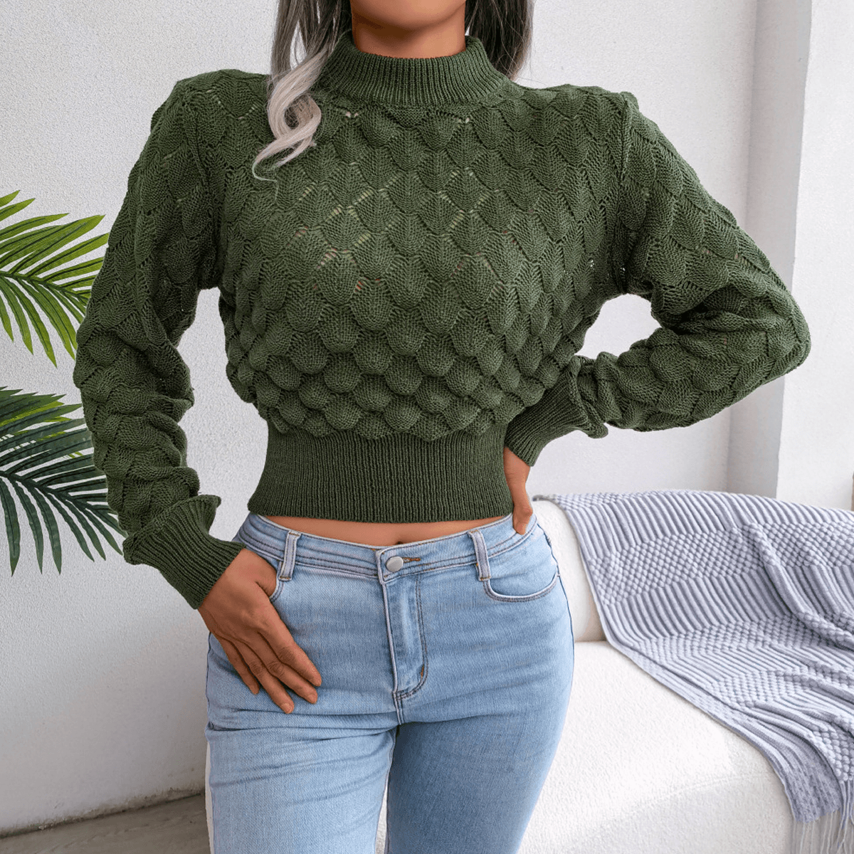 Mermaid Scale Long Sleeve Crop Knit Pullover Sweater GiftBB.com
