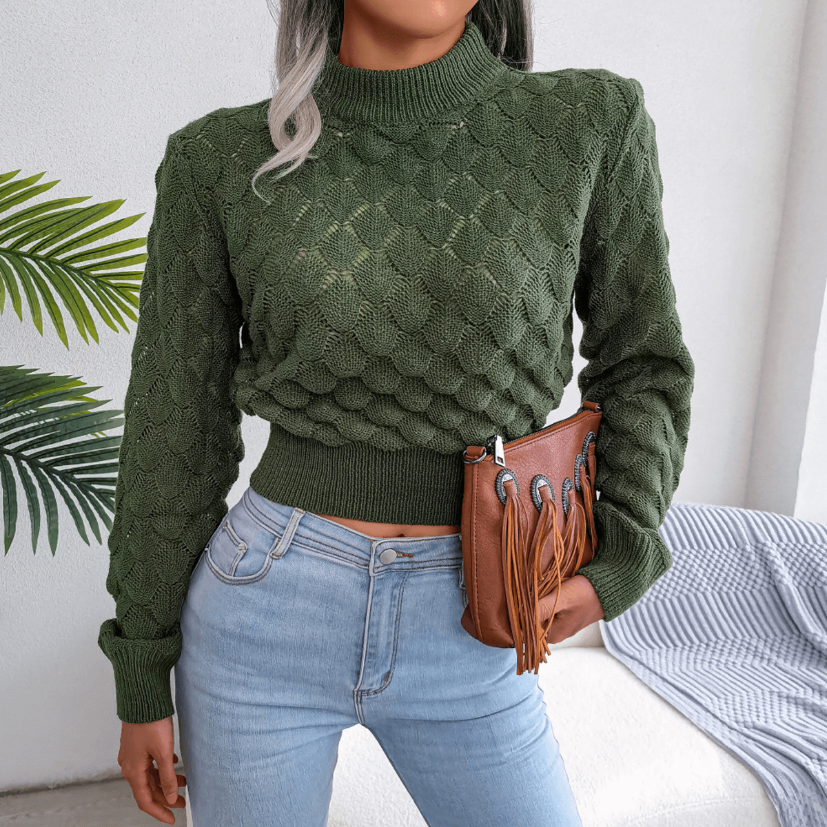 Mermaid Scale Long Sleeve Crop Knit Pullover Sweater GiftBB.com