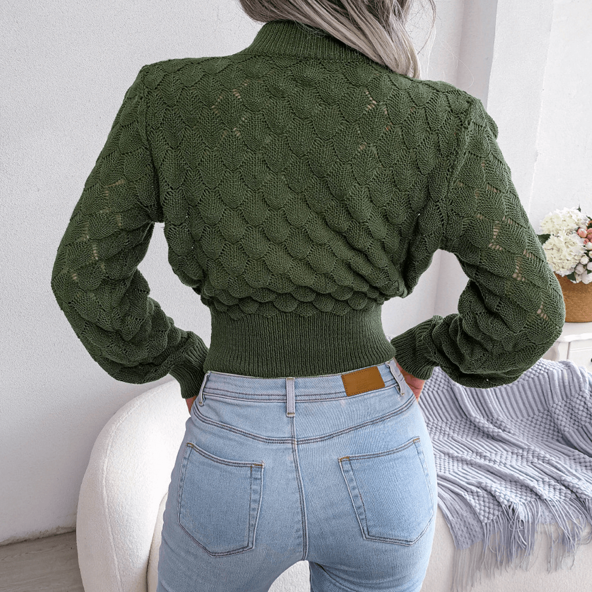Mermaid Scale Long Sleeve Crop Knit Pullover Sweater GiftBB.com