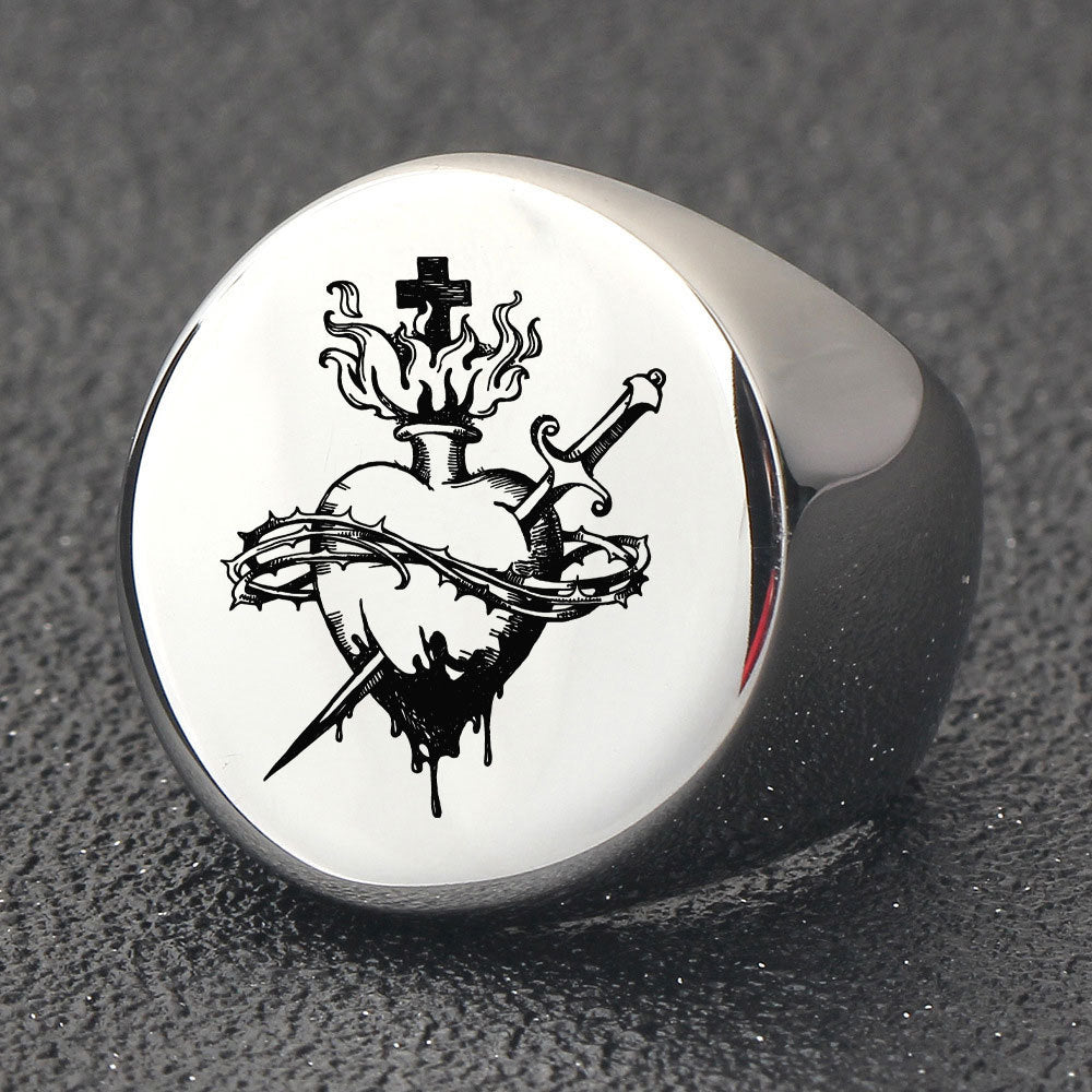 Punk Heart Sword Thorns Cross Ring