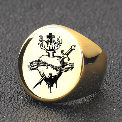 Punk Heart Sword Thorns Cross Ring