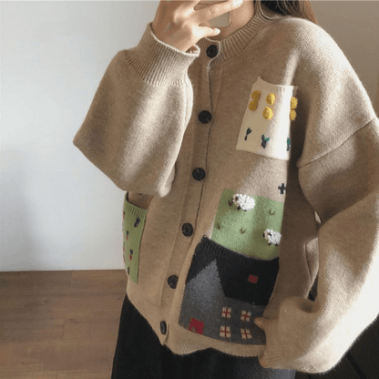 Cartoon Country Scene Embroidered Cardigan