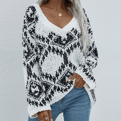 V-Neck Contrast Knit Pullover Sweater