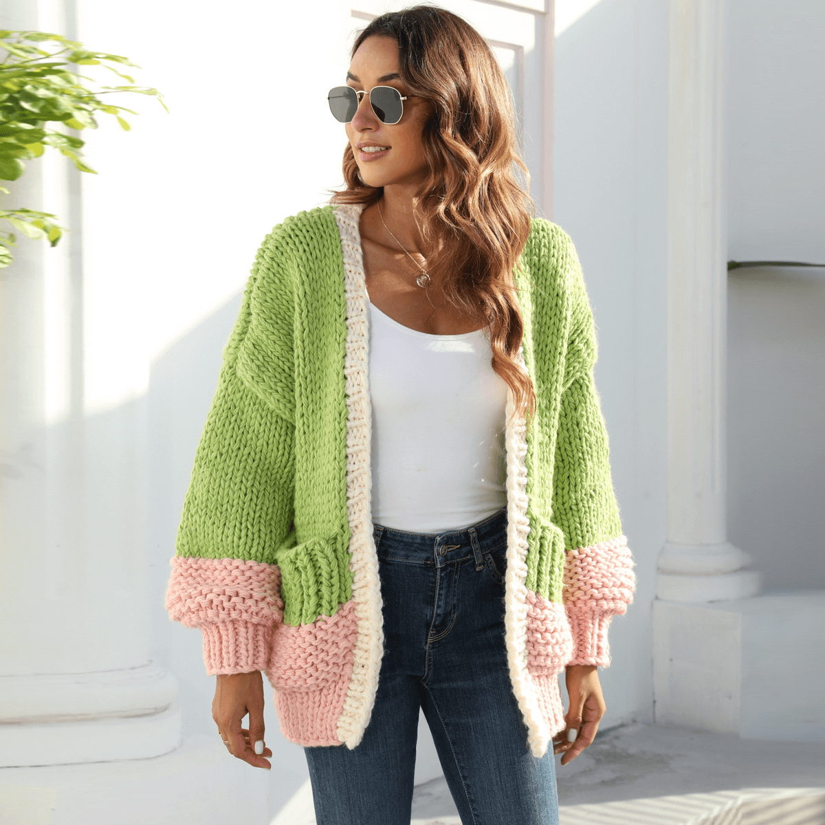 Hand-knitted Contrast Sweater Pocket Cardigan