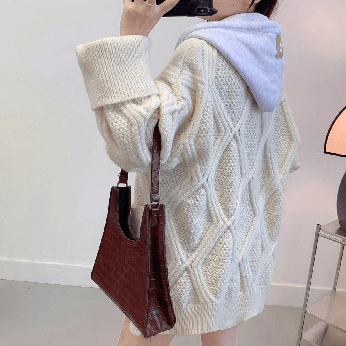 Hooded Fake Two Piece Zip Geometric Sweater