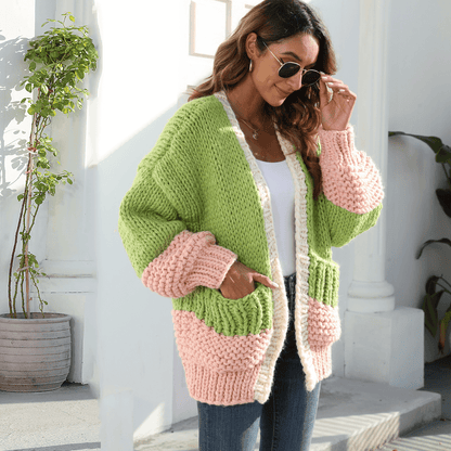 Hand-knitted Contrast Sweater Pocket Cardigan