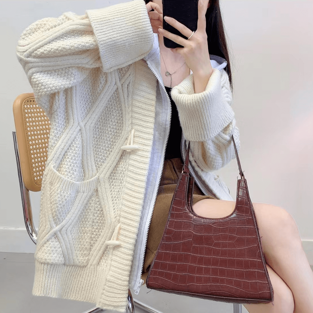 Hooded Fake Two Piece Zip Geometric Sweater