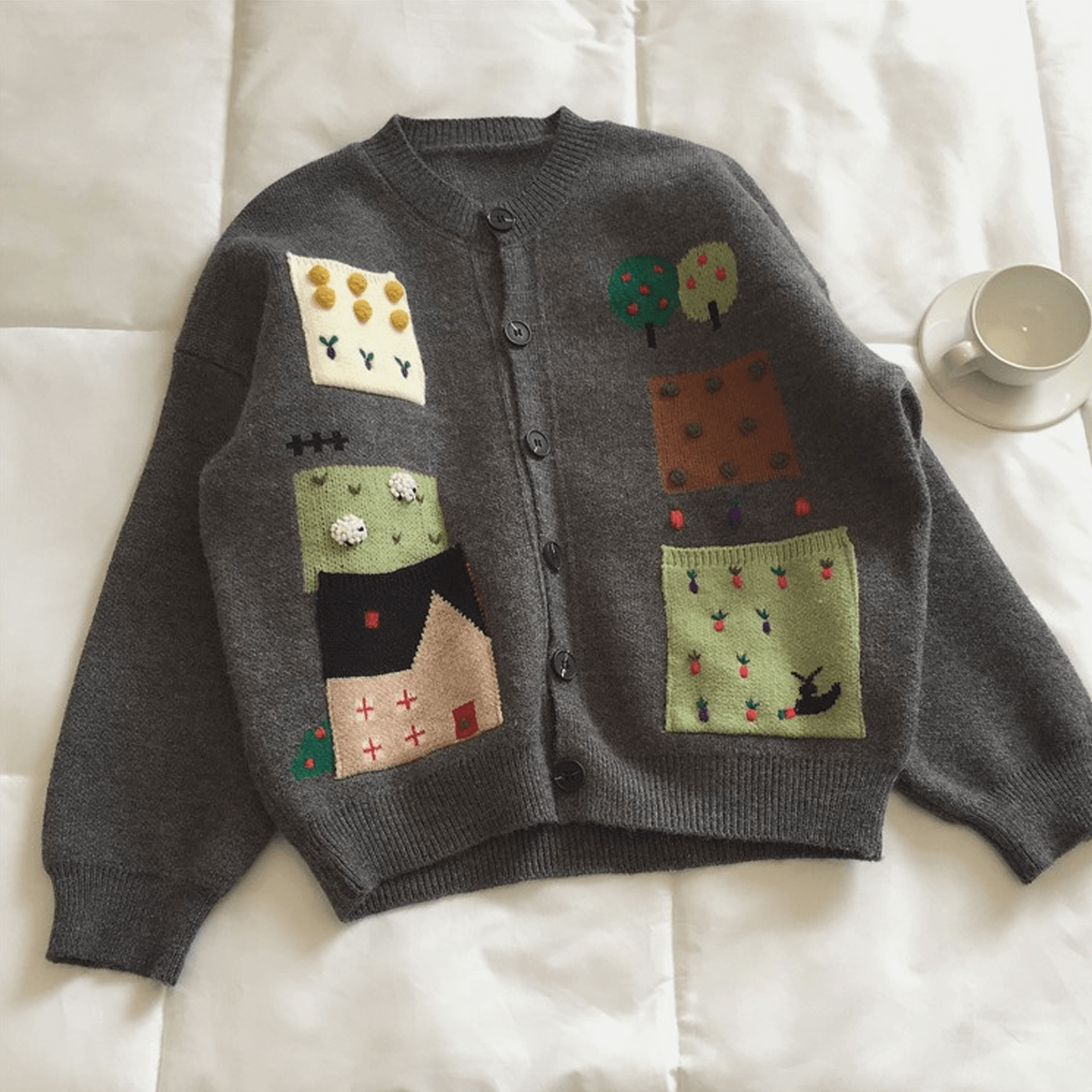 Cartoon Country Scene Embroidered Cardigan