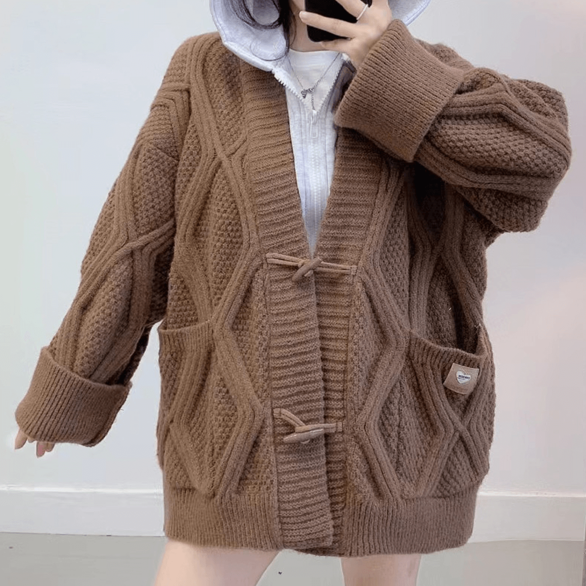 Hooded Fake Two Piece Zip Geometric Sweater