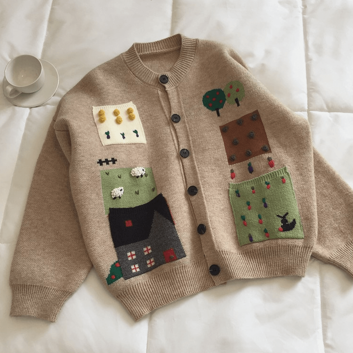 Cartoon Country Scene Embroidered Cardigan