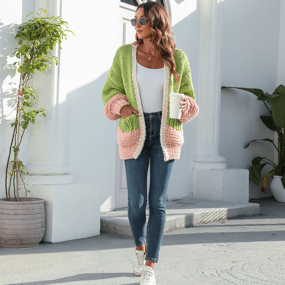 Hand-knitted Contrast Sweater Pocket Cardigan