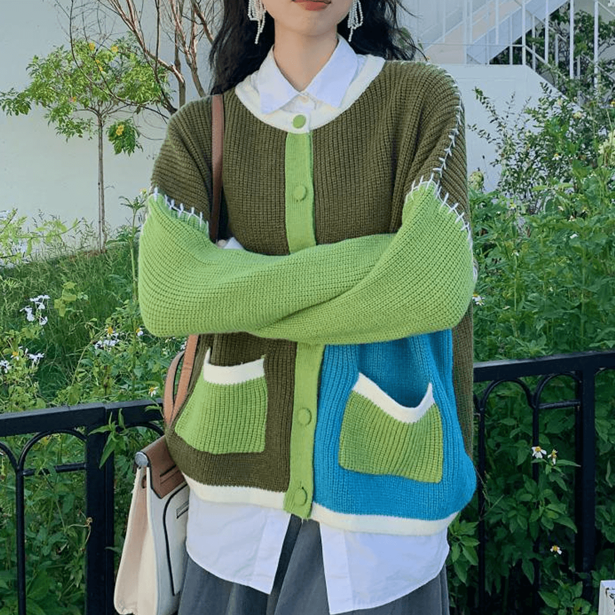 Preppy Colorblock Pocket Cardigan