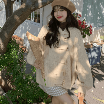 Lantern Sleeve Hooded Knit Cardigan